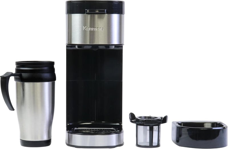Koolatron Kenmore Single Serve Coffee Maker & Stainless Steel Travel Mug, Capsule/Pod & Ground Coffee Brewing, K Cup Compatible, Hot & Iced Coffee Machine, 6 to 14 Oz Brew Sizes, Auto Shut-Off, Black - Image 1